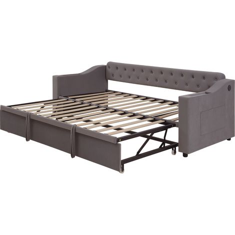 Cama banqueta capitoné 90/180x190 cm gris oscuro, terciopelo, puertos USB, almacenaje, somier (1/5)