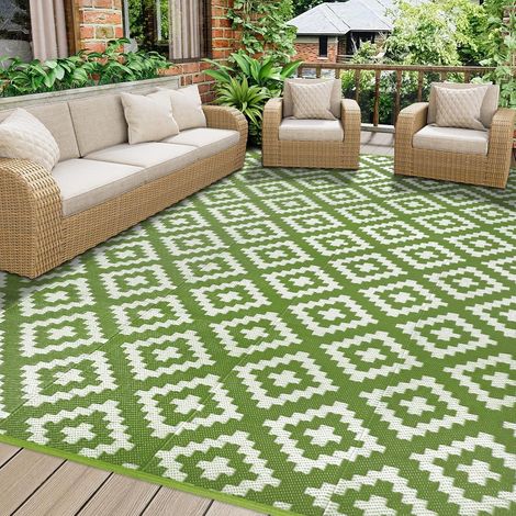 Tapis d'extérieur réversible en paille de plastique résistant aux UV pour jardin, plage, barbecue, pique-nique, terrasse, balcon - Vert - 180 x 270 cm (1/5)