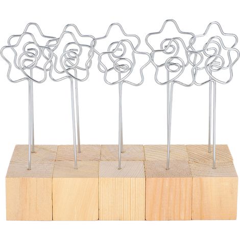 Lot de 10 supports photo avec pince en métal, support pour cartes de notes et messages, base en bois massif. (1/5)