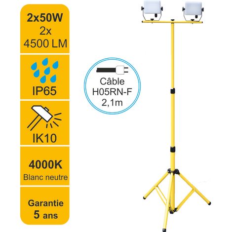 Projecteur LED de chantier 2x50W/IP65/IK10/2x4500lm/4000K avec trépied ajustable - garantie 5 ans