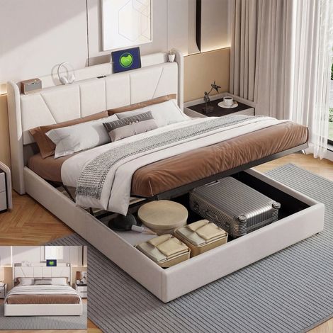 Lit coffre 140x190 rembourré Lin Beige - Station de Recharge 2 USB & 1 Type-C - Double - sommier à lattes & grand rangement sous Lit