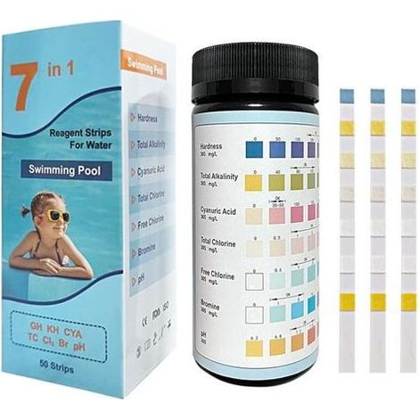 7 en 1 Bandelettes Test Piscine, 50 Testeur PH Chlore Piscine pour Tester avec précision la dureté, l'alcalinité Totale,pour Aquarium, Piscine, Puits et Eau du Robinet (1/5)