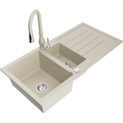Mexen Andres 1,5-Becken-Granitspüle mit Abtropffläche und Mischbatterie Savita, Beige - 6515-69-672601-69