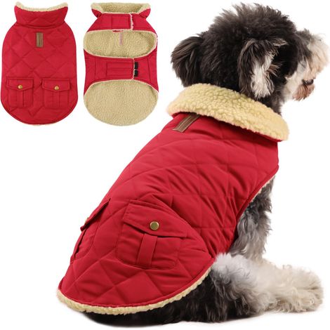Manteau d'hiver rembourré en polaire imperméable pour chiens de petites et moyennes tailles veste chaude réglable avec fermeture auto-agrippante et trou pour laisse rouge (1/5)