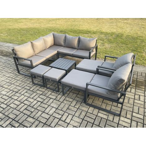 Fimous 11 Seater Outdoor Aluminium Garden Furniture Set Corner Lounge Sofa Set with Square Coffee Table 2 Pcs Chair Footstools Dark Grey (1/5)