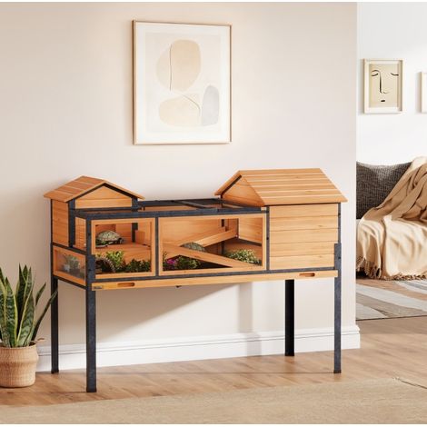 Maison pour tortue 2 niveaux avec fenêtres, rampes, bois et acier HAVRYA (1/5)