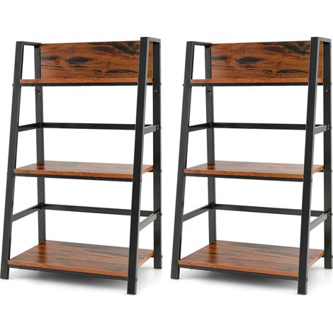 COSTWAY Lot de 2 Bibliothèque Industrielle à 3 Niveaux 54x34x90CM, Etagère Echelle en Bois Polyvalente Dispositif Anti-basculement et Cadre en Métal pour Salon Bureau Chambra (1/5)