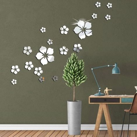 Lot de 18 autocollants muraux miroir fleurs 3D, salon, décoration murale, argent (1/2)