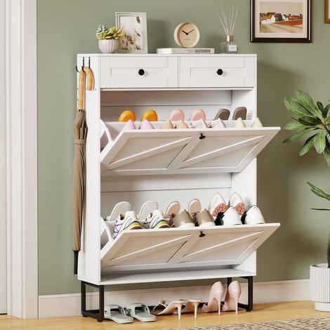 A narrow, slim shoe cabinet with two wooden flip-top drawers, two drawers, adjustable shelves, and hooks, suitable for entryways and hallways.