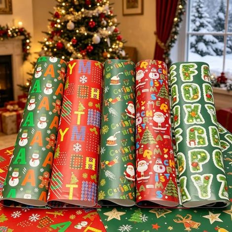 Papier cadeau de Noël, 70 x 100 cm, lot de 10, 5 modèles