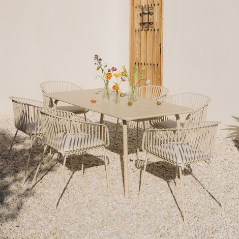 Set de table rectangulaire 160x90 cm Florida et 6 chaises de jardin avec accoudoirs en acier et polypropylène Aradina SKLUM Tapioca Beige (1/5)