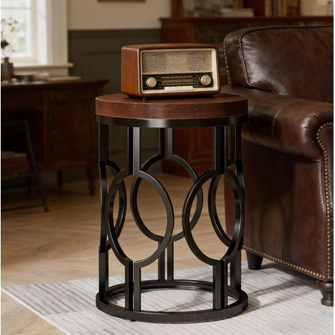 Tavolino rotondo 45x45x50 cm, stile industriale, piano in MDF, struttura in metallo, nero e marrone rustico (1/5)