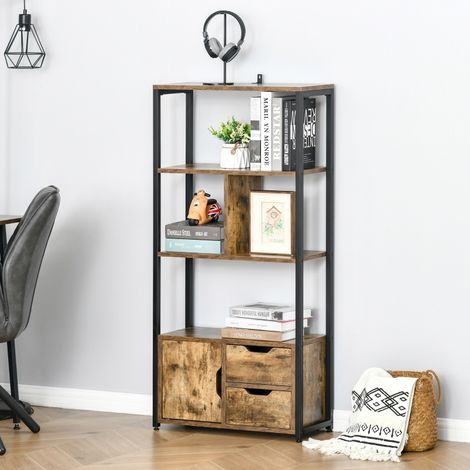 Bibliothèque style industriel avec 3 étagères, 1 placard à porte et 2 tiroirs, panneaux de particules aspect vieux bois et acier noir, design robuste et décontracté (1/5)