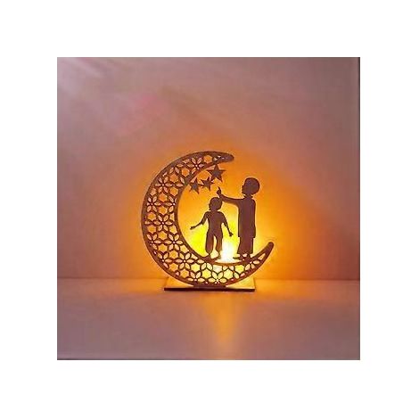 Veilleuse artisanale, décoration lumineuse LED 3D en bois en forme de lune et d'étoile faite à la main, lampe décorative pour le Ramadan Moubarak, ornement pour la maison, la chambre et l'Aïd, cadeau (1/4)
