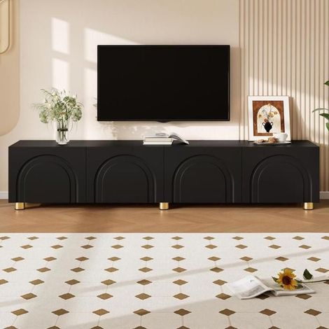 Meuble TV - KOMHTOM - 180x35x40 cm - 4 portes relief arqué - Rangement fermé - Pieds métal noir (1/5)