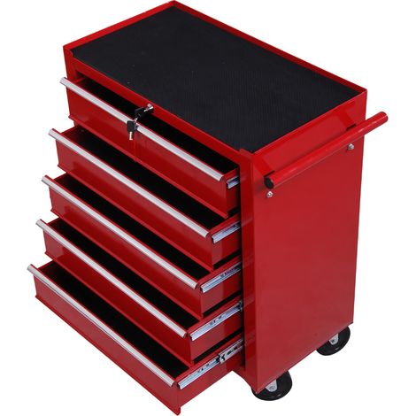 Étagère d'atelier rouge 5 tiroirs verrouillables, avec serrure et 2 clés, poignée murale amovible, 2 roues à frein, structure acier EVA, 67,5x33x77 cm (1/5)