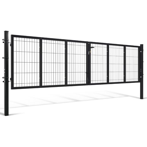 Randaco Puerta de jardín de doble hoja - 350 x 100 cm Antracita - Puerta peatonal con rejilla - con manilla, cerradura, llaves y cierre en el suelo - Acero (1/5)