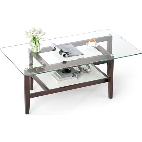 COSTWAY Glass Coffee Table 2-Tier Coffee Table with Storage Shelf-Brown (1/5)