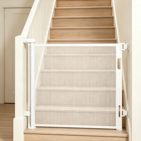 Barrière de Sécurité Rétractable pour Bébé et Animaux, 0-150cm, Barrière Securite Extensible pour Escaliers, Couloirs et Portes, Barriere Escalier Utilisation Intérieure et Extérieure (Blanc) (1/5)