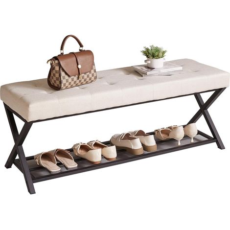 Banc à Chaussures 113 cm avec Étagères en Treillis Métallique, Banc de Rangement à 2 Niveaux Recouvert de Lin, Banc D'entrée avec Pieds en Métal pour Chambre, Entrée, Salon, lin Beige YD-JD160W (1/5)