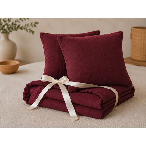 Pack Drap Housse 140 x 190 cm + 2 Taies d’Oreiller 60 x 60 cm Double Gaze de Coton GAÏA Bordeaux