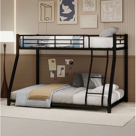 Cama litera metálica con escalera y barandilla negra OKMYHOME (1/5)