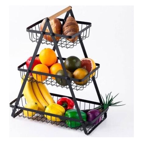 Corbeille a fruit Porte-fruits en Métal 3 Niveaux Panier de Fruits et Legumes Détachable Rangement Cuisine Maison Bureau-Noir