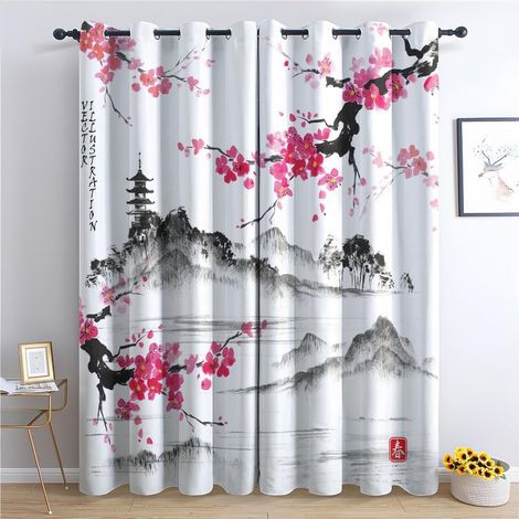 Rideau Occultant Fleurs De Cerisier Japonais, Rideaux Thermiques à Oeillets pour Salon Chambre Fenetre, Motif Japon Rideaux Lot De 2 Moderne Décoration De Fenêtre, 140x240 cm (L x H) - 140L X 240H cm (1/5)