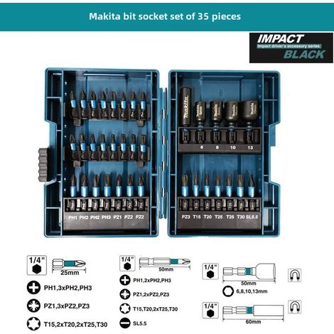 Makita Coffret de 43 forets multifonctionnels pour la maison, coffret de 35 tournevis électriques, 33 pièces (ensemble de 35 embouts de vissage). (1/5)