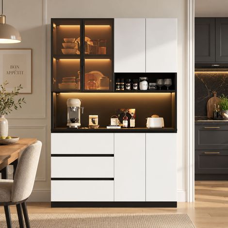 Meuble de cuisine 120,5 x 40 x 180 cm avec LED, 3 tiroirs, 6 portes, vitrines en verre et niche micro-ondes, noir et blanc (1/5)