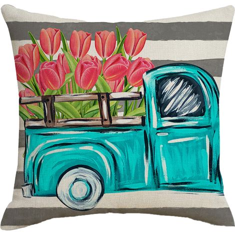Housse de coussin pour voiture, maison et chambre, en lin imprimé d'un magnifique bouquet de fleurs printanières. (1/4)