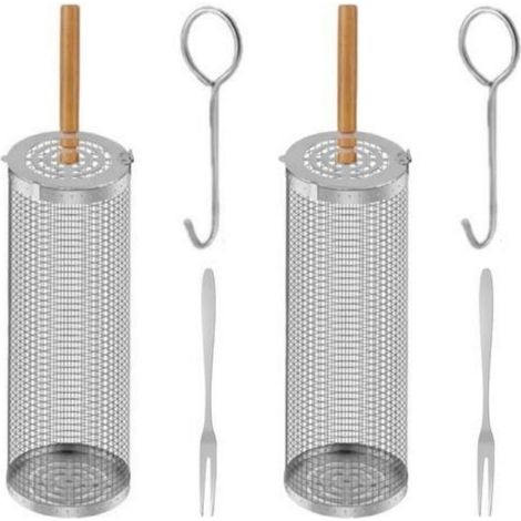 2er BBQ-Käfig – 20 cm Edelstahl-Rollzylinder mit Holzgriff – Drehbare Trommel – Ideal für Camping und Garten (1/5)