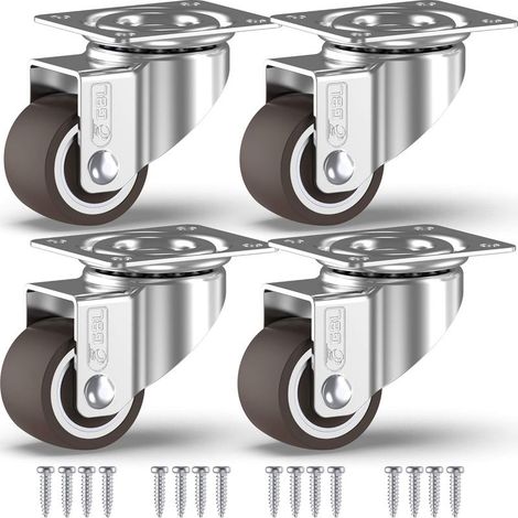 RGE Roulette 4 roulettes pivotantes pour meubles sans frein + vis - 33 mm à 40 kg - Mini roulettes sans trace pour sols lourds - Roues en caoutchouc pour chariot - Argent (1/4)