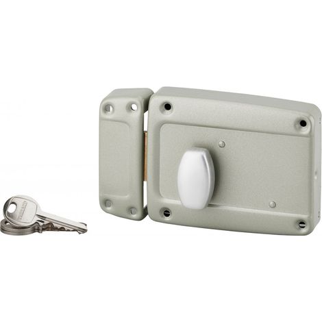 Thirard – Serrure en applique pour porte de garage – Cylindre 55mm – Bouton poussoir – Laqué gris – Installation à gauche ou droite