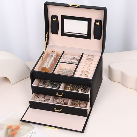 Écrin à bijoux portable avec miroir, coffret de rangement verrouillable pour voyage, noir - idéal pour filles (1/3)