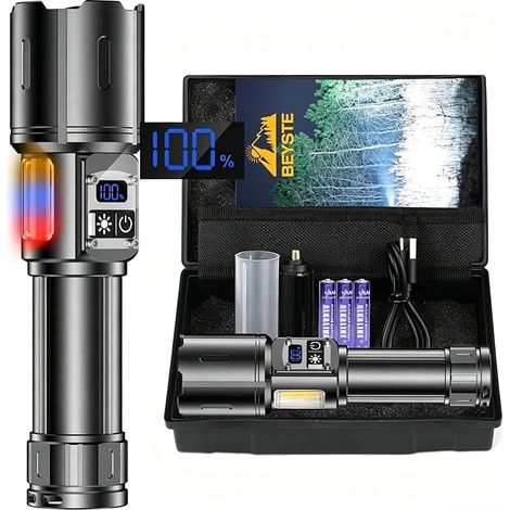 Ultrahelle LED-Taschenlampe, 1.000.000 Lumen, USB-aufladbar, 9 Leuchtmodi, mit COB-Seitenlicht, taktische Taschenlampe für Camping, Notfälle, Geschenk (1/5)