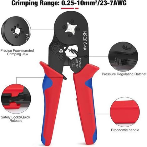 Cosses Electriques a Sertir, 0,25-10mm2 Pince a Sertir, Cliquet Auto-Adjuvsable Pince a Sertir Cosse 0,25-10mm2 Pinc PINCE A SERTIR (1/5)