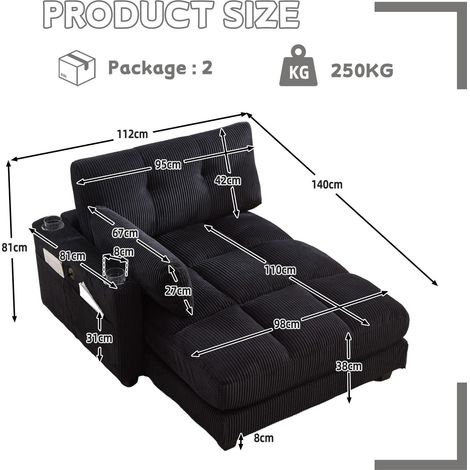 Sillón relax 140x112x81 cm negro con USB, portavasos y bolsillo lateral, pana MEUBLIV (1/5)