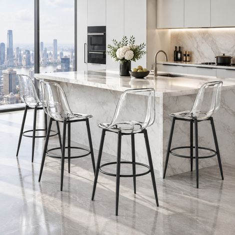 Bartisch-Set Ø 89 cm aus Glas und Metall, Schwarz/Transparent, 4 platzsparende Hocker – MEUBLIV (1/5)