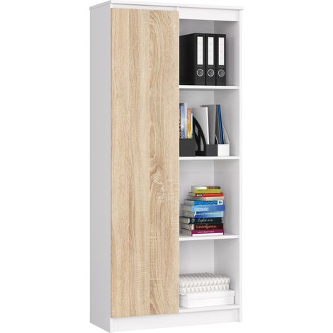 Librería AKORD R80 Blanco 80 cm 1 puerta frente en color Roble Sonoma 4 estantes 80x35x180 cm (1/5)