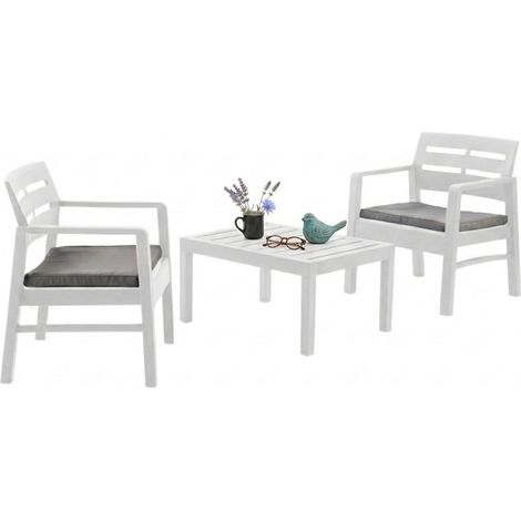 Set salotto da esterno Benevento, Composizione da giardino con 2 poltrone e 1 tavolino, Salottino indoor e outdoor con cuscini, 100% Made in Italy, Bianco