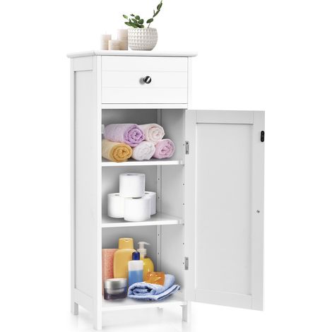 Meuble de rangement blanc en MDF avec tiroir et porte, étagères réglables et système anti-basculement pour salle de bain et chambre (1/5)