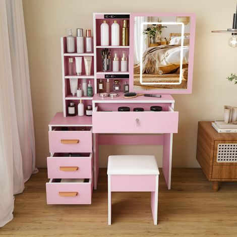 Coiffeuse avec Miroir et Tabouret 80x34x130cm LED Tricolores 4 Tiroir Caché Rangement Petite Table de maquillage Moderne 3 étagères Rose
