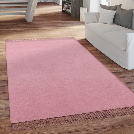 Paco Home Teppich Wohnzimmer Naturfaser Flachgewebe Mit Fransen Handgewebt Einfarbiges Muster 120x160 cm, Rosa