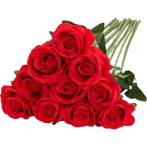 Rose artificielle en soie, tige unique, fleur réaliste pour bouquet de mariage, compositions florales, décoration maison ou centre de table fête, lot de 10 pièces (Champagne) (1/5)