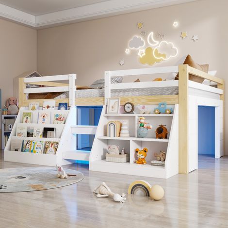 Lit mezzanine - 140x200 cm - échelle - barrières de sécurité - rangements intégrés - éclairage led - pin et mdf - naturel et blanc (1/5)