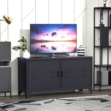 Meuble TV banc télévision design industriel 2 placards avec 2 étagères réglables passe-câbles structure acier noir (1/5)