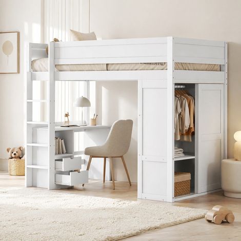 Lit mezzanine enfant 90 x 200 cm blanc en pin avec bureau, armoire et rangements intégrés (1/5)