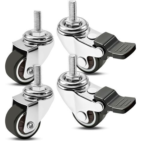 4 Roulettes pour meubles 25mm avec 2 freins, Roulettes Pivotantes pour Meubles Tige Fileté M6x15mm, silencieuses, antidérapantes, pour Chaise Pivotantes 360 degrés, Protéger Le Sol (1/5)