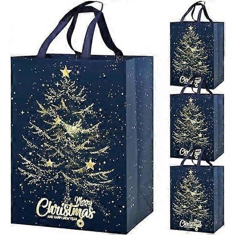 Grands sacs cadeaux de Noël (lot de 4), 41 x 30 x 18 cm, motif sapin doré. (1/4)
